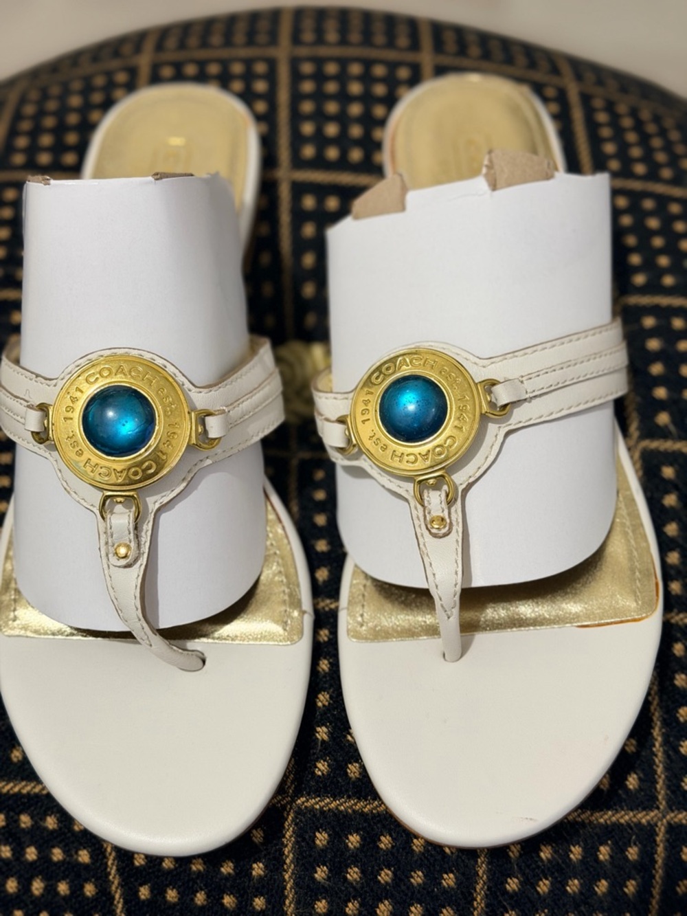 Coach White Leather Sandals with Gold Medallion and Blue Cabochon - Picture 3 of 11